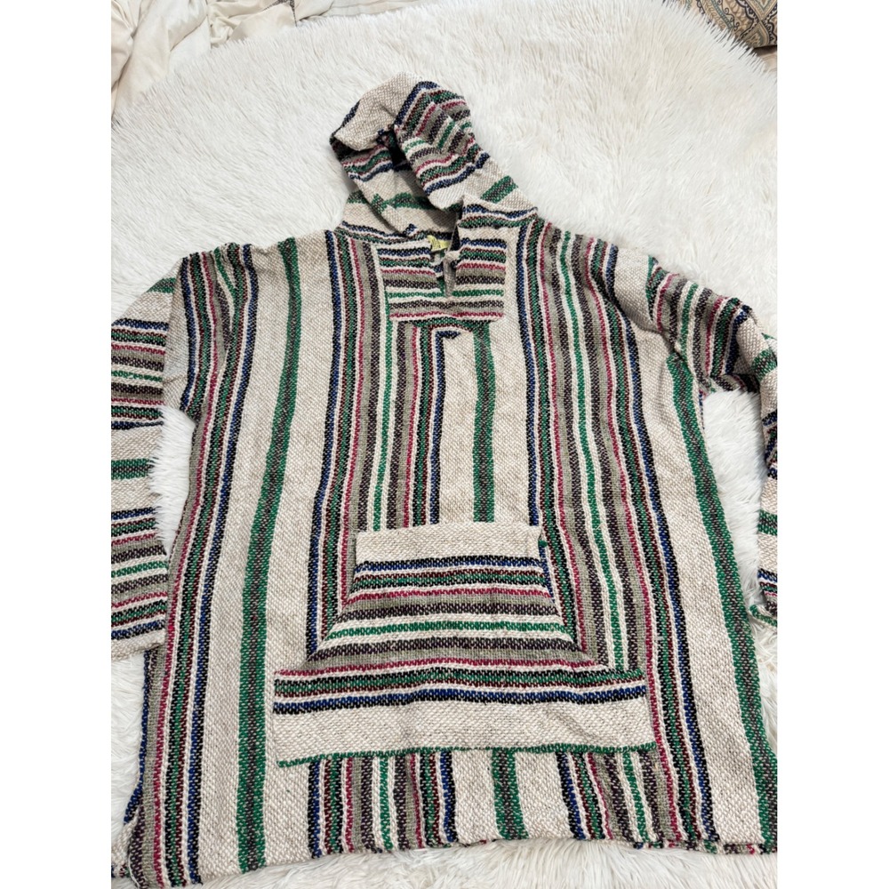 Franks Baja Hoodie Mens XL Multi Color Striped Mexican Drug Rug Pullover Mexico